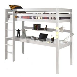 Białe łóżko piętrowe z biurkiem Vipack Pino, 200x105 cm