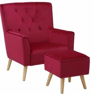 Czerwony aksamitny fotel z podnóżkiem Støraa Mandy
