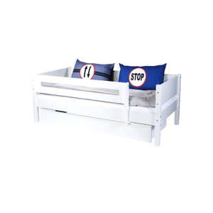 Białe łóżko dziecięce z oparciem bocznym i szufladą Manis-h Max, 90x200 cm
