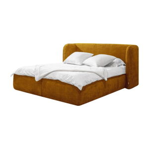 Tapicerowane łóżko dwuosobowe w kolorze ochry ze schowkiem i stelażem 160x200 cm Louise – Bobochic Paris