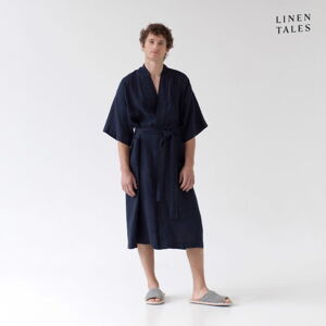 Ciemnoniebieski lniany szlafrok w rozmiarze L/XL Summer – Linen Tales