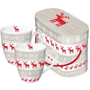 Zestaw 2 kubków z porcelany kostnej ze świątecznym motywem w ozdobnym opakowaniu PPD Magic Christmas Taupe, 350 ml