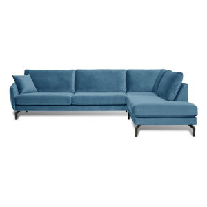 Niebieska sofa narożna z aksamitnym obiciem Scandic Magic, prawy narożnik