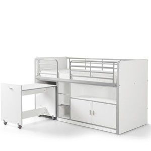 Białe łóżko piętrowe z wysuwanym biurkiem i schowkiem Vipack Bonny, 200x90 cm