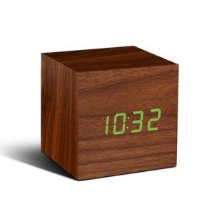 Ciemnobrązowy budzik z zielonym wyświetlaczem LED Gingko Cube Click Clock