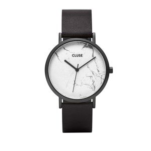 Zegarek damski z czarnym skórzanym paskiem i białym marmurowym cyferblatem Cluse La Roche