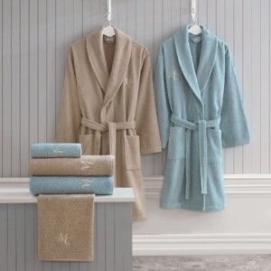 Komplet damskiego i męskiego szlafroka, ręczników i ręczników kąpielowych w beżowym i niebieskim kolorze Family Bath