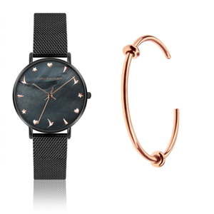 Zestaw damskiego zegarka z nierdzewnym paskiem w czarnym kolorze i bransoletki Emily Westwood Minza