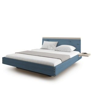 Niebieskie łóżko 2-osobowe z litego drewna dębowego JELÍNEK Amanta, 160x200 cm