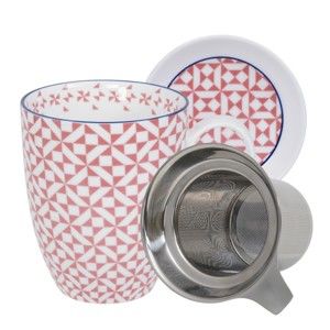 Różowo-biały kubek ze spodkiem i zaparzaczem do herbaty Tokyo Design Studio Geo Eclectic, 380 ml