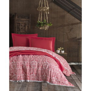 Zestaw czerwonej bawełnianej narzuty i 2 poszewek na poduszki EnLora Home Nish Red, 240x260 cm