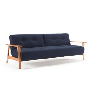 Niebieska sofa rozkładana z drewnianymi podłokietnikami Innovation Buri