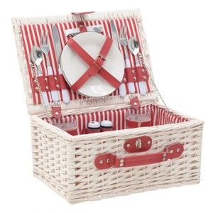 Czerwono-biały wiklinowy kosz piknikowy z naczyniami InArt, 38x26 cm
