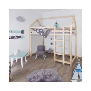 Podwyższane łóżko z drewna świerkowego z drabinką po prawej stronie Benlemi Nesty, 90x200 cm