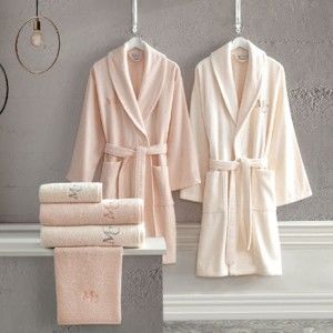 Zestaw damskiego i męskiego szlafroka, 4 ręczników w jasnoróżowym i kremowym kolorze Family Bath