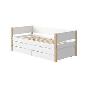 Białe dziecięce łóżko z dodatkowym wysuwanym łóżkiem i szufladą z nogami z drewna brzozowego Flexa White