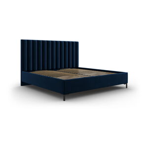 Ciemnoniebieskie tapicerowane łóżko dwuosobowe ze schowkiem ze stelażem 160x200 cm Casey – Mazzini Beds