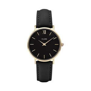 Czarny zegarek damski ze skórzanym paskiem i detalami w kolorze złota Cluse Minuit