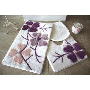 Zestaw 3 fioletowo-białych dywaników łazienkowych Flowers