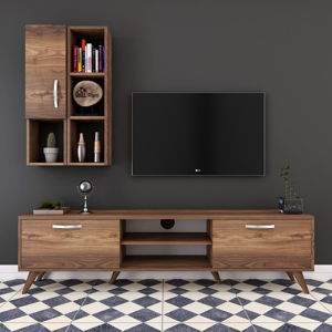Zestaw komody pod TV i półki ściennej w dekorze drewna orzechowego Wren