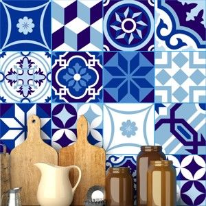 Zestaw 16 naklejek ściennych Ambiance Wall Stickers Tiles Azulejos Shade of Blue, 20x20 cm