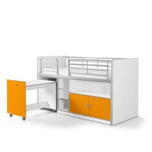 Biało-pomarańczowe łóżko piętrowe z wysuwanym biurkiem i schowkiem Vipack, 200x90 cm