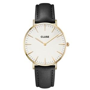 Zegarek damski z czarnym skórzanym paskiem i detalami w kolorze złota Cluse La Bohéme