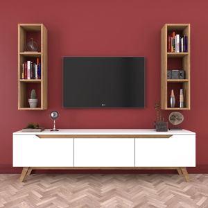 Zestaw białej komody pod TV i 2 półek w dekorze drewna