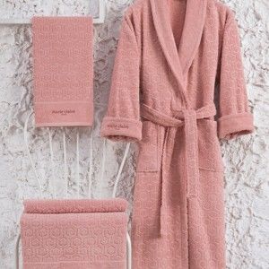 Komplet różowego damskiego szlafroka bawełnianego w rozmiarze S i 2 ręczników Bathrobe Komplet Lady