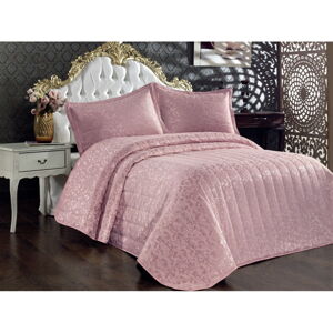 Różowy bawełniany pikowany zestaw narzuty na łóżko dwuosobowe i poszewek na poduszkę 240x260 cm Bulut – Mijolnir