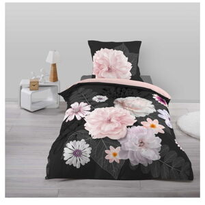 Czarno-różowa bawełniana pościel jednoosobowa 140x200 cm Floral – douceur d'intérieur