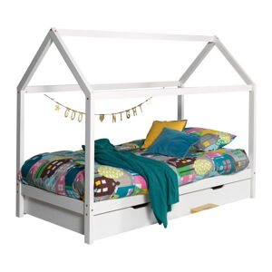 Białe łóżko dziecięce z litego drewna sosnowego w kształcie domku/z wysuwanym łóżkiem ze schowkiem 90x200 cm DALLAS – Vipack