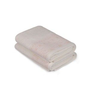 Zestaw dwóch białych ręczników z łososiowym detalem Romantica, 90x50 cm