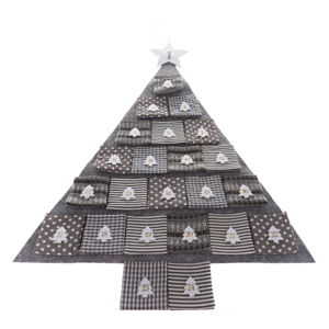 Szary materiałowy kalendarz adwentowy w kształcie choinki, dł. 68 cm