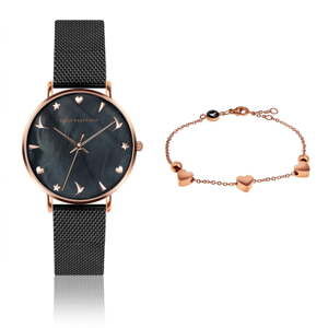 Zestaw damskiego zegarka z nierdzewnym paskiem w czarnym kolorze i bransoletki Emily Westwood Laro