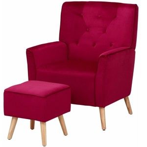 Czerwony aksamitny fotel z podnóżkiem Støraa Jessie