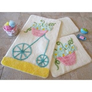 Zestaw trzech dywaników łazienkowych z motywem kwietnika w różowym, żółtym i niebieskim kolorze Knit Knot