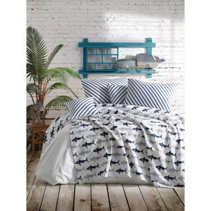 Zestaw narzuty na łóżko i poszewki na poduszkę EnLora Home Shark Dark Blue White, 160x235 cm