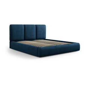 Ciemnoniebieskie tapicerowane łóżko dwuosobowe ze schowkiem ze stelażem 200x200 cm Brody – Mazzini Beds