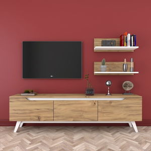 Zestaw szafki pod TV i 2 półek w dekorze drewna Rani