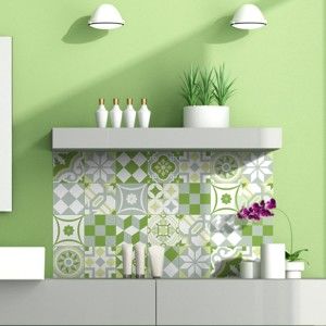 Zestaw 24 naklejek ściennych Ambiance Green Patchwork Tiles, 10x10 cm