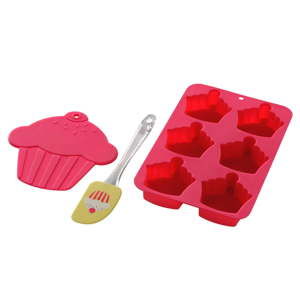 Forma, silikonowa łopatka i podstawka Premier Housewares Cupcake Baking Pink, 3 sztuki