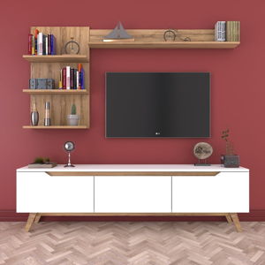 Zestaw białej szafki pod TV i 2 półek w dekorze drewna orzechowego Wren