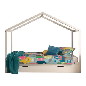 Białe łóżko dziecięce z litego drewna sosnowego w kształcie domku/z wysuwanym łóżkiem ze schowkiem 90x200 cm DALLAS – Vipack