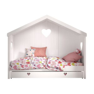 Białe łóżko dziecięce z litego drewna sosnowego w kształcie domku/z wysuwanym łóżkiem ze schowkiem 90x200 cm AMORI – Vipack