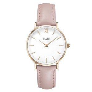 Zegarek damski z różowym skórzanym paskiem i detalami w kolorze różowego złota Cluse La Minuit