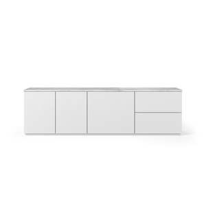 Matowa biała szafka pod TV z blatem w białym marmurowym dekorze TemaHome Join, 200x57 cm