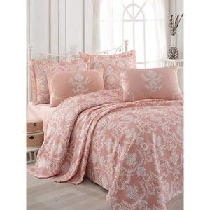 Różowa narzuta na łóżko dwuosobowe z prześcieradłem i poszewkami na poduszki Anna, 200x235 cm