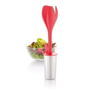 Czerwone sztućce sałatkowe z pojemnikiem na sos XD Design Tulip