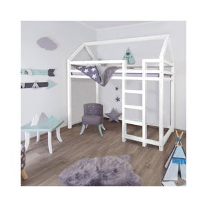 Białe drewniane podwyższone łóżko dziecięce Benlemi Nestys, 90x200 cm